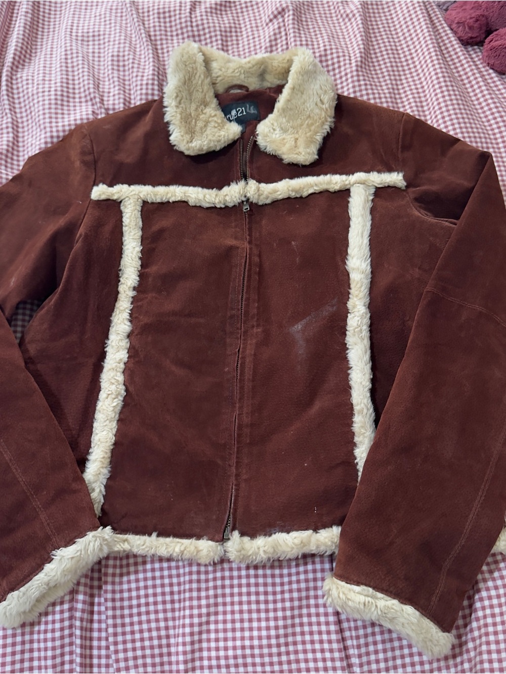 Y2K Brown Leather Jacket with Cream Shearling Trim - Picture 2 of 12